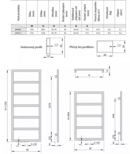 Enix Boston fürdőszobai csőradiátor 550x904 méretei