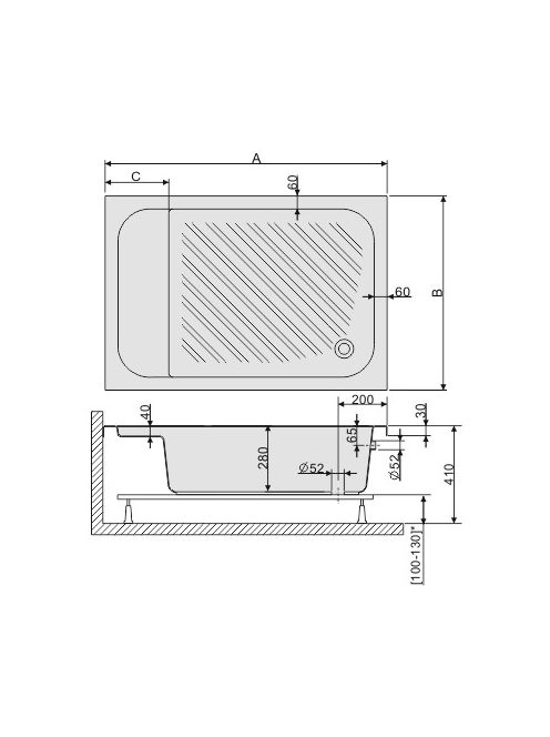 Bzs/CL 100x80 akril magasított zuhanytálca méret rajz