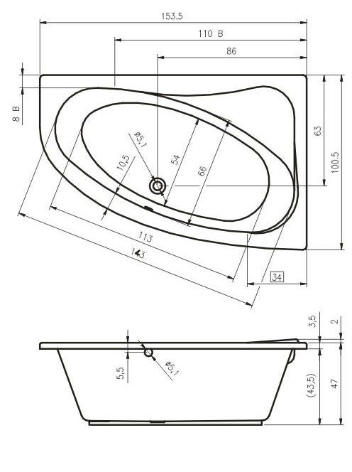 Lyra 153,5x100 akril kád méretei