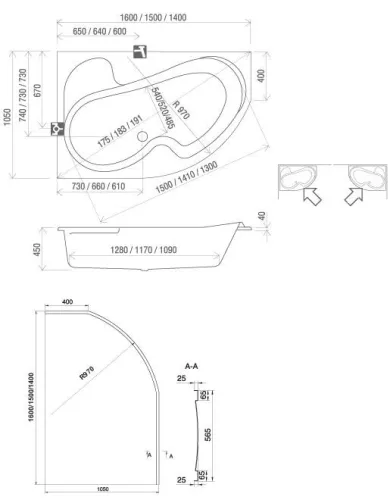 Rosa I 140x105 aszimmetrikus akrilkád méretei