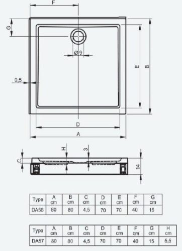 249 80x80 szögletes akril zuhanytálca méretei