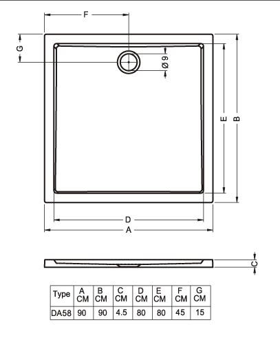 250 90x90 szögletes akril zuhanytálca méretei