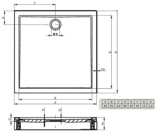 Riho 251 90x90 szögletes akril zuhanytálca méretei