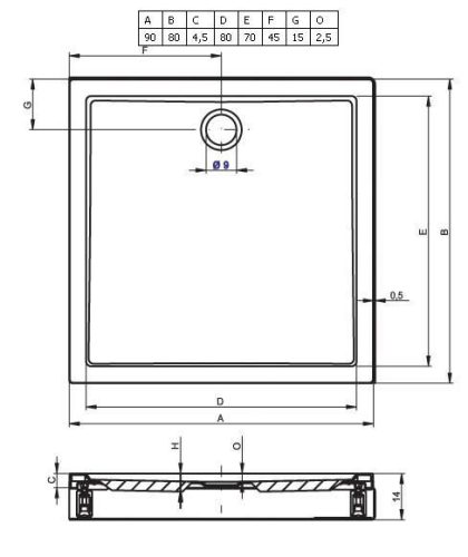 Riho 271 90x80 akril téglalap zuhanytálca méretei
