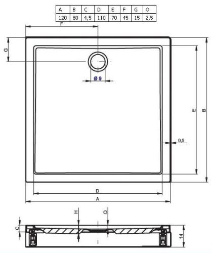 Riho 275 120x80 akril téglalap zuhanytálca méretei