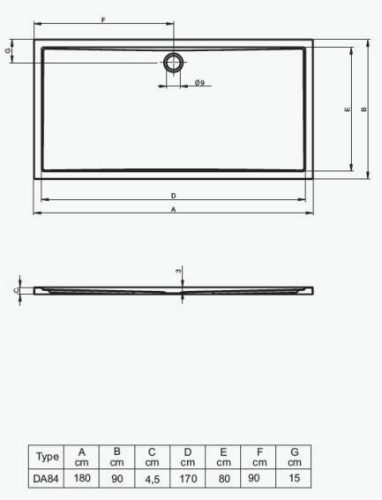 Riho 276 180x90 akril téglalap zuhanytálca méretei