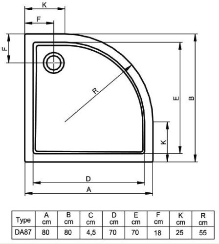 Riho 278 80x80 íves akril zuhanytálca méretei