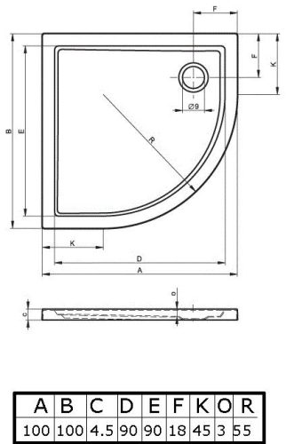 Riho 284 100x100 íves akril zuhanytálca méretei