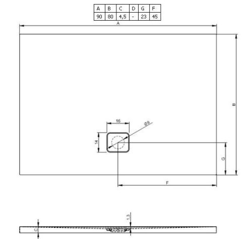 Basel 402 90x80 akril téglalap zuhanytálca rajz