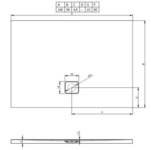 Basel 414 100x90 akril téglalap zuhanytálca rajz