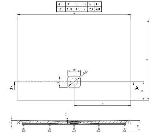 Basel 432 120x100 akril téglalap zuhanytálca méret rajz