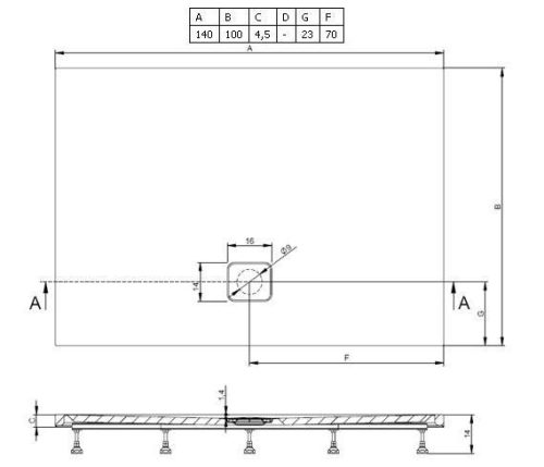 Basel 434 140x100 akril téglalap zuhanytálca méret rajz