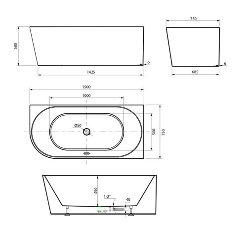 Aqualine Tibera 150x75 szabadon álló fürdőkád