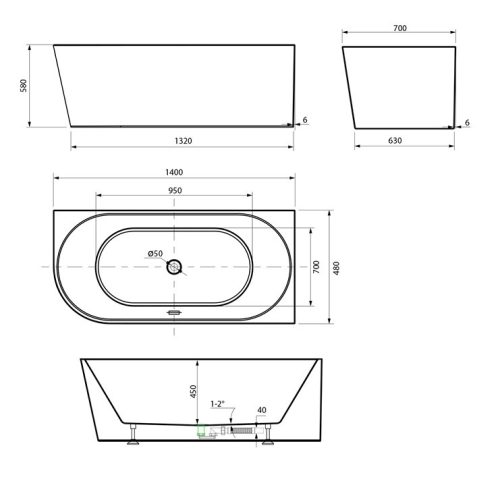 Aqualine Tibera 140x70 szabadon álló fürdőkád