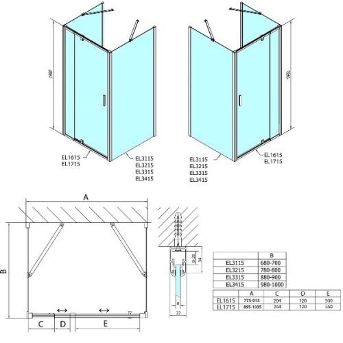 Polysan Easy Line  90-100x90x90 falsíkra szerelhető nyílóajtós zuhanykabin