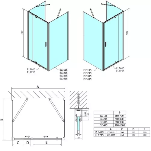 Polysan Easy Line  90-100x90x90 falsíkra szerelhető nyílóajtós zuhanykabin