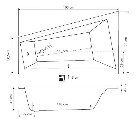 Metuje 160x100 aszimmetrikus akrilkád méretei