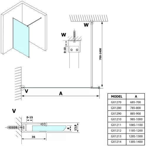 Gelco Vario Walk-in 140 cm zuhanyfal méretei