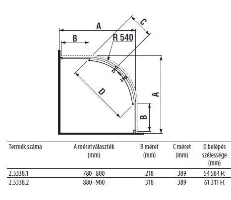 Lyra Plus 90x90 íves zuhanykabin méretei