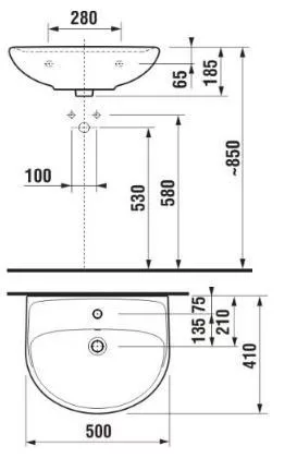 Lyra Plus mosdó 50 cm méretei
