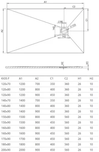 Kios F 140x80 téglalap öntött márvány zuhanytálca méretei