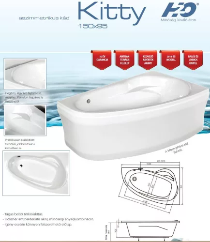 H2O Kitty 150x95  4+4+2 aszimmetrikus hidromasszázs kád