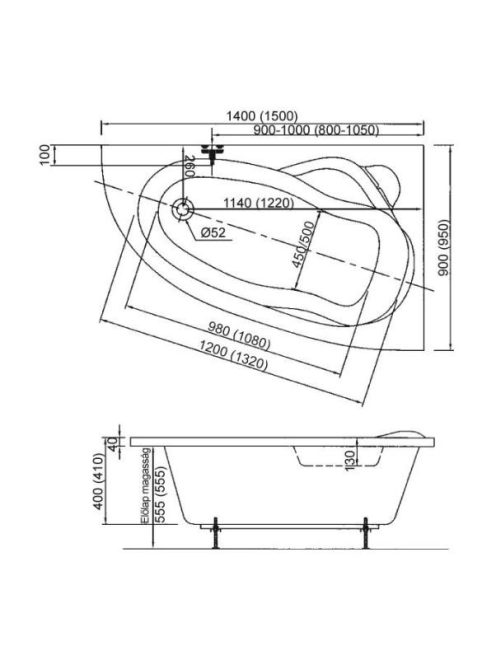 Liza 150x95 aszimmetrikus akril kád méretei