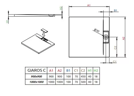 Giaros C 100x100 cm öntött márvány zuhanytálca méretei