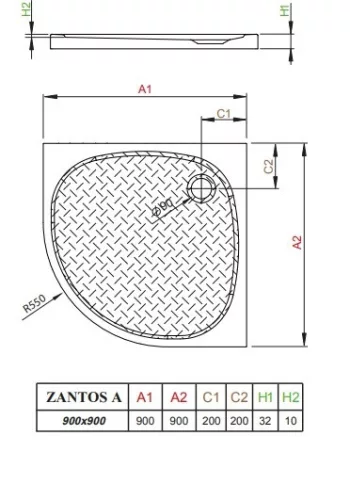 Zantos A 90x90 íves műmárvány zuhanytálca méretei