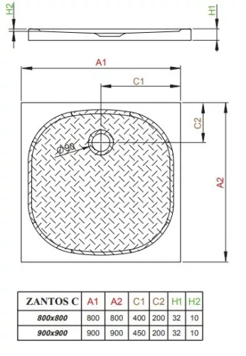 Zantos C 80x80 szögletes műmárvány zuhanytálca méret