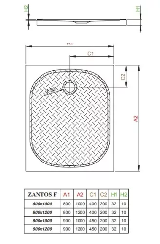 Zantos F 100x80 téglalap műmárvány zuhanytálca méretei