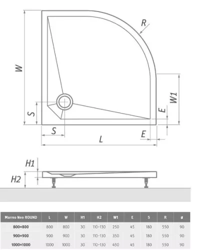 Roltechnik Marmo Neo Round 100x100 cm íves öntött márvány zuhanytálca