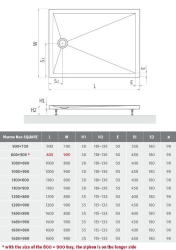 Roltechnik Marmo Neo Square 100x90 cm öntött márvány zuhanytálca