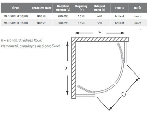 Madison Neo 90 ives mélytálcás zuhanykabin méretei
