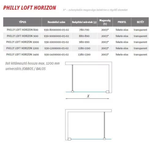 Philly Loft Horizon 100 cm Walk in zuhanyfal méretek