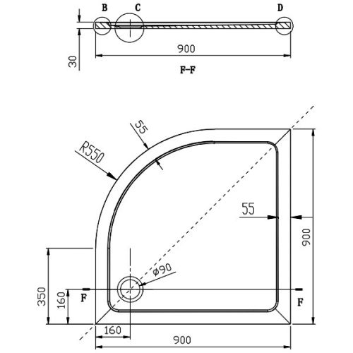 Aqualine Tecmi 90x90 cm íves öntött márvány zuhanytálca