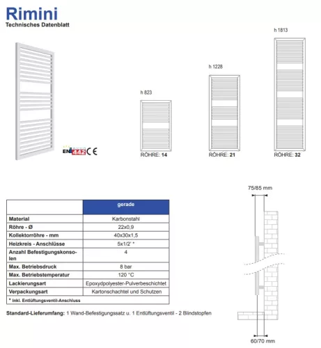 Rimini 600x1228 fürdőszobai csőradiátor antracit