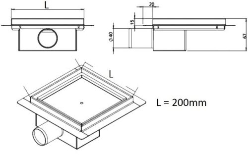 RRF-S rozsdamentes zuhanyfolyóka szögletes, burkolható 200x200 mm méretei