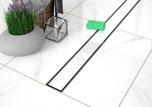 RRF-WG-800 rozsdamentes zuhanyfolyóka fehér üveg betéttel, 800 mm beépítve