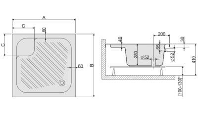 Bzs/CL 80x80 akril magasított zuhanytálca méretrajz