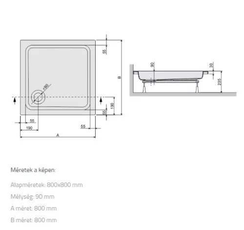 B/Free 80x80 akril zuhanytálca méretrajz