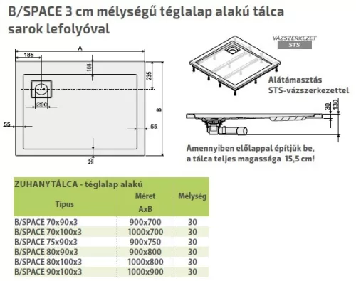 B/Space 100x90 akril téglalap zuhanytálca méretek