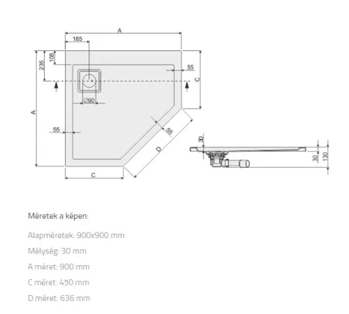 BPK/Space 90x90 ötszögletű akril zuhanytálca méret