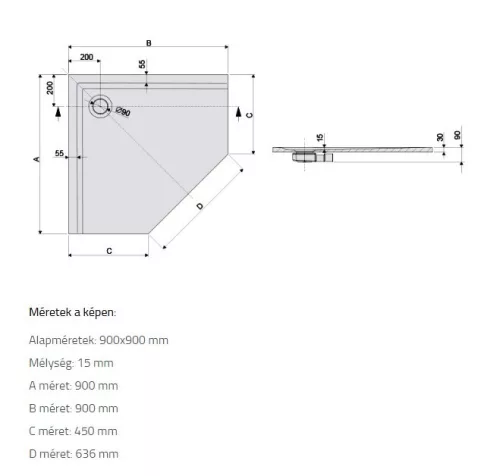 BPK-M/Space 90x90 ötszögletű öntött műmárvány zuhanytálca méretei