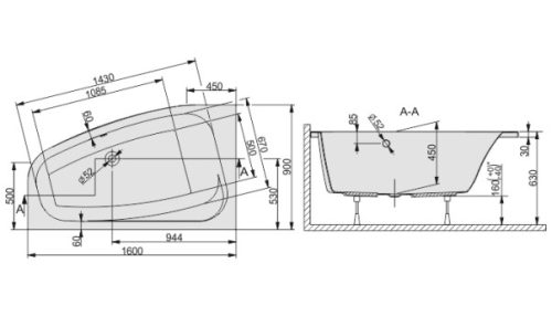 WA/Free 160x90 aszimmetrikus akril kád méretei
