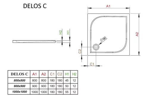 Radaway Delos C 80 szögletes zuhanytálca