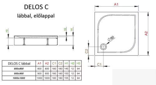 Radaway Delos C 100 szögletes zuhanytálca