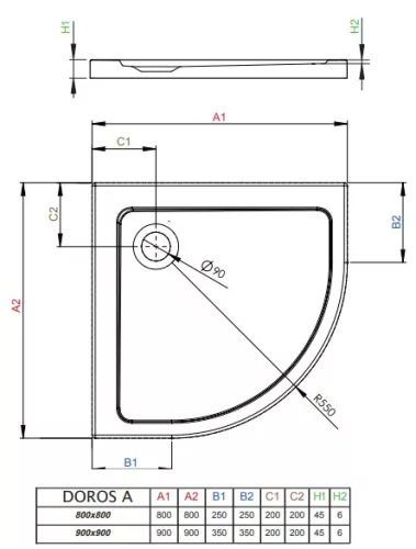 Doros Stone A 80x80 íves akril zuhanytálca méretei