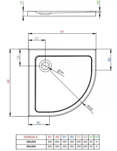 Doros A 90x90 íves akril zuhanytálca méretek