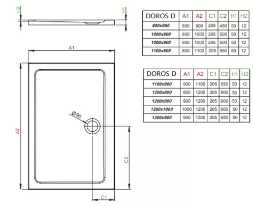 Radaway Doros Stone D 90x80 téglalap akril zuhanytálca